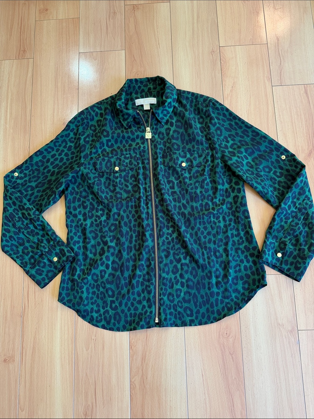 MICHAEL Michael Kors Teal and Navy Leopard Print Zip-Front Blouse